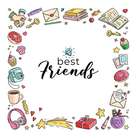 Square frame Friends and Friendship. Girls Design Elements. vector illustrationのイラスト素材