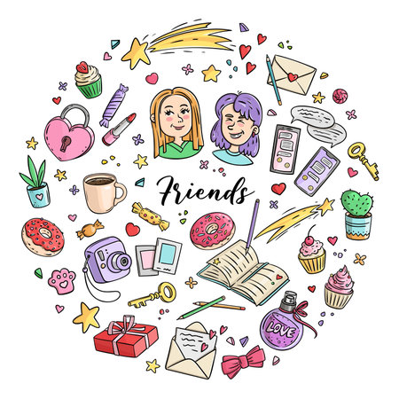 Set of stickers Friends and Friendship. Girls Design Elements. vector illustrationのイラスト素材