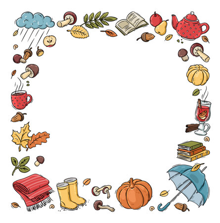 autumn doodles. Hand drawn set of sketches. isolated objects on white backgroundのイラスト素材
