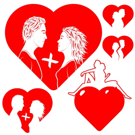 Stylized hearts, with a silhouette of a couple in love.  Illustration is easily edited.   Isolated on white background.   This is vector illustration eps8.のイラスト素材