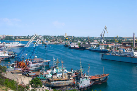 Aerial view on port of Sevastopol, ships are moored in the docksの写真素材