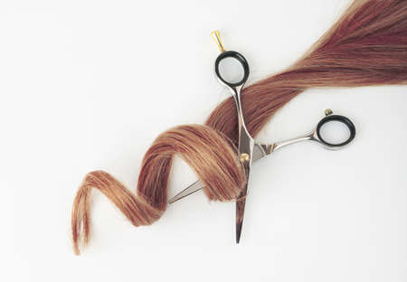 Curly strand of hair with open scissors on a white backgroundの写真素材