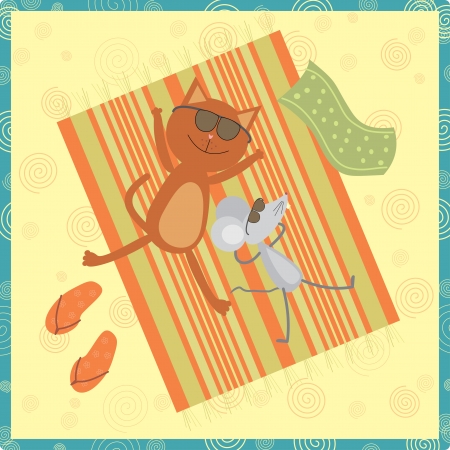 cat and mouse sunbathing on the beachのイラスト素材