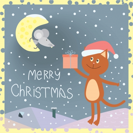 Christmas card with a cat on the roof and a mouse on the moonのイラスト素材