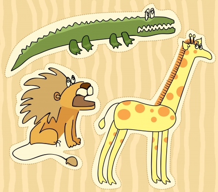 childlike stickers with lion, giraffe and crocodileのイラスト素材