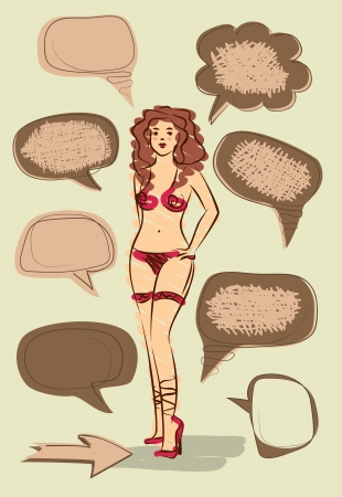 sketch of sexy girl in underwear with speech bubblesのイラスト素材