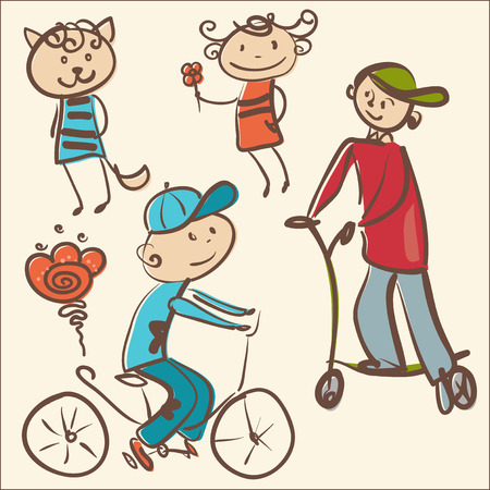 illustration of cute active children and a little catのイラスト素材