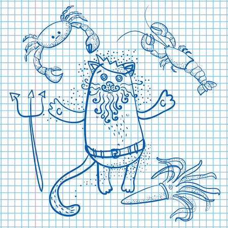 Neptune cat and  crab, squid, lobster drawn on sheet of paperのイラスト素材