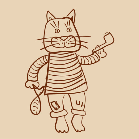 Cat old seaman outline drawingのイラスト素材