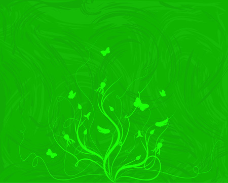 Green background with flourising florals and butterfliesのイラスト素材