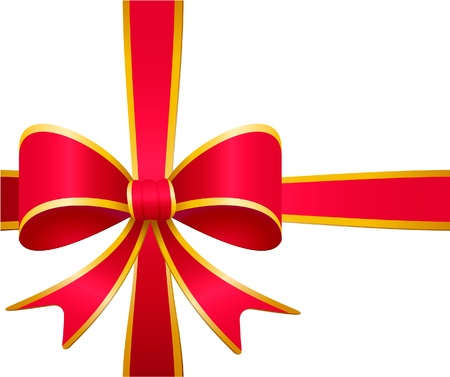 Red gift bow and ribbon with golden stripes isolated on white のイラスト素材