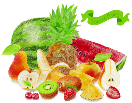 Big set of the sweet fruits. Color pencils illustration.のイラスト素材