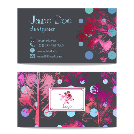 Business card with imprints of leaves. Hand drawing watercolor.のイラスト素材