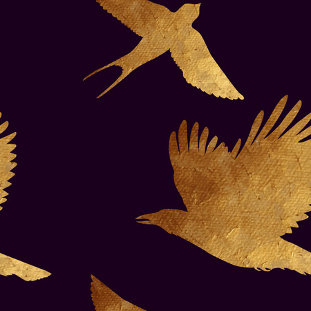 Creative design with golden silhouettes of a crow and swallow. Seamless pattern with golden birds.のイラスト素材