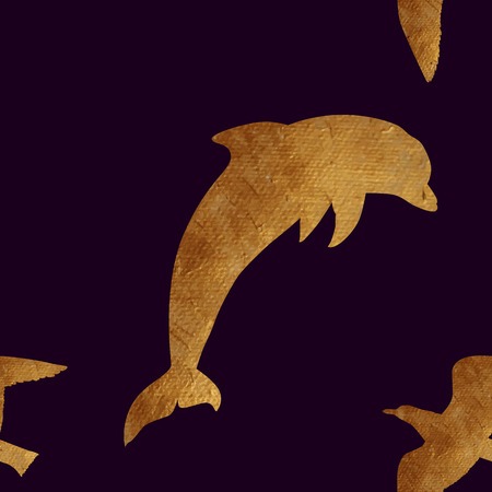 Creative design with golden silhouettes of a seagull and dolphin. Seamless pattern with golden oceanic animals.のイラスト素材