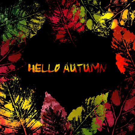 Botanic card. Autumn colorful leaves imprints. Design for invitation, poster or cover.のイラスト素材