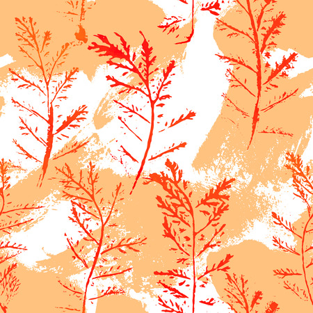 Seamless imprints pattern of the branched herbs. Grungy botanics stamp.のイラスト素材