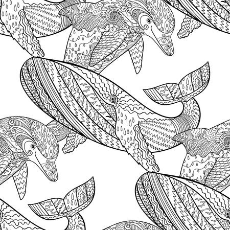 Oceanic animal seamless pattern. Hand drawn tile texture with dolphin and humpback whale.Template for textile, wrapping or scrapbook paper print.のイラスト素材