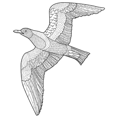 Flying seagull with high details. Adult antistress coloring page. Black white hand drawn doodle oceanic bird.  Sketch for tattoo, poster, print, t-shirt in style. のイラスト素材