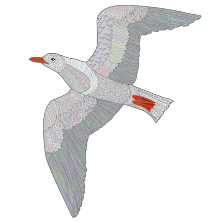 Flying seagull with high details. Colored hand drawn doodle oceanic bird. Sketch for tattoo, poster, print, t-shirt in tracery style. Vector illustration.のイラスト素材