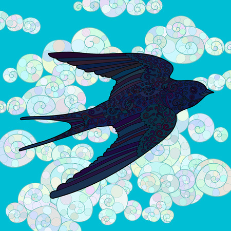 Flying swallow with high details. Colored hand drawn doodle bird. Sketch for tattoo, poster, print, t-shirt in tracery style. Vector illustration.のイラスト素材