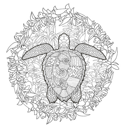 Hand drawn swimming turtle with high details for anti stress coloring page, illustration in zen doodle style.のイラスト素材
