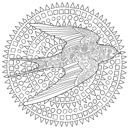Happy swallow with high details. Adult antistress coloring page. Black and white hand drawn doodle bird. Sketch for tattoo, poster, print, t-shirt in tracery style. Vector illustration.のイラスト素材