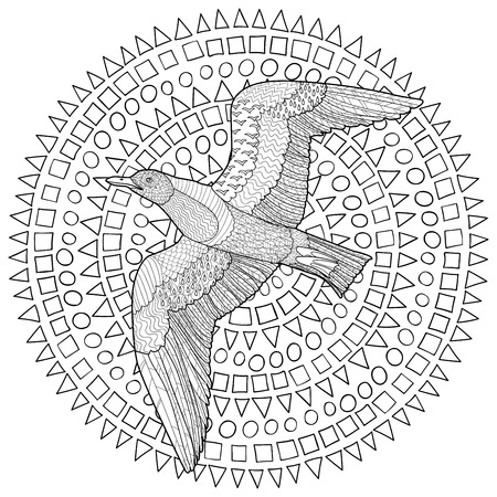 Flying seagull with high details. Adult antistress coloring page. Black white hand drawn doodle oceanic bird. Sketch for tattoo, poster, print, t-shirt in zen tangle style. Vector illustration.のイラスト素材