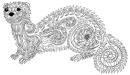Hand drawn ferret style with high details.Coloring page for anti-stress art therapy. Black white hand drawn zendoodle animal. Sketch for poster, print, t-shirt. Vector illustration.のイラスト素材