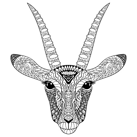 Adult coloring page for antistress art therapy. Head of the antelope in style. Zendoodle template for t-shirt, tattoo, poster or cover. Vector illustration.のイラスト素材