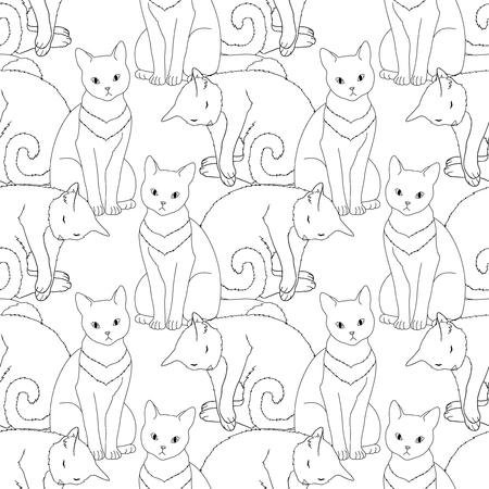 Black and white seamless pattern with pets. Childish coloring page with cat. Monochrome tile texture for wrapping or scrapbook paper. illustration.のイラスト素材