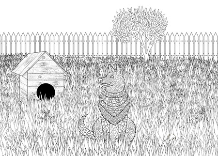 High detail patterned German shepherd on detailed background in style. Adult coloring page with dog for antistress art therapy. Zendoodle colouring book.のイラスト素材