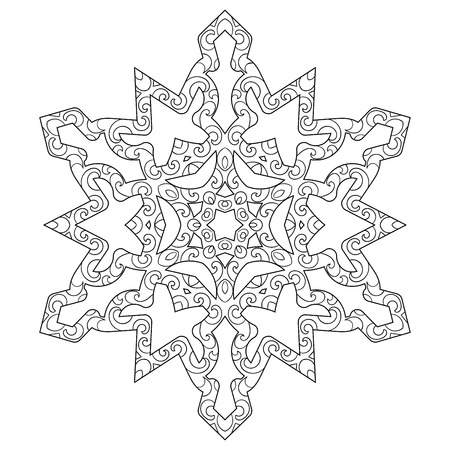 Hand drawn antistress snowflake. Tracery template in zentangle style. Winter coloring pages for adult art therapy. Vector illustrationのイラスト素材