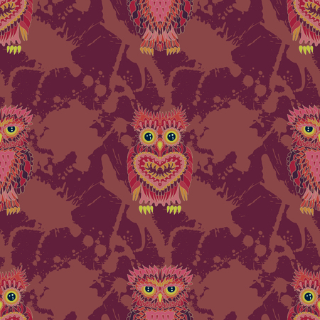 Hand drawn seamless pattern with owls.のイラスト素材