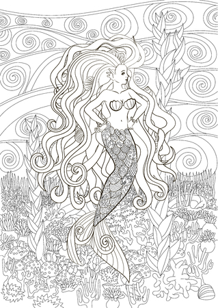 Patterned illustration of a mermaid.のイラスト素材