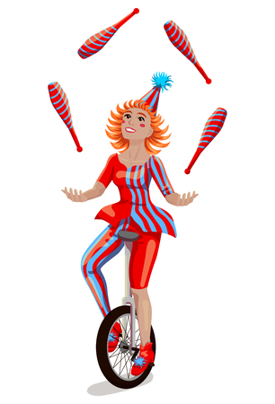 Circus female juggler on a unicycle isolated on white background. Vector illustrationのイラスト素材