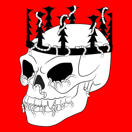 Black white doodle of the creepy skull with crown for art therapy. Scary, ghoulish, evil and spooky coloring page with Halloween symbol. Sketch for tattoo, poster, print, t-shirt. Vectorのイラスト素材