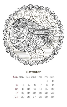 Nautilus with high details. Adult antistress coloring page. Black white hand drawn zendoodle oceanic animal. Page of calendar with November 2019 in tracery style. Vector illustration.のイラスト素材