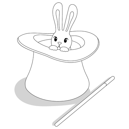 Illustration with Magic wand, hat and bunny for a magic trick for coloring book isolated on white background. Vector ilustrationのイラスト素材