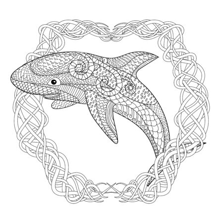 Clownfish with high details. Adult antistress coloring page. Black white hand drawn doodle oceanic animal. Sketch for tattoo, poster, print, t-shirt in tangle style. Vector illustration.のイラスト素材