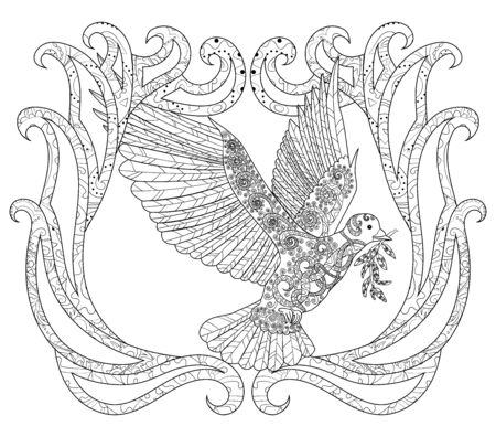 Flying dove with olive branch. Adult antistress coloring page. Black white hand drawn doodle bird. Symbol of the Peace. Sketch for tattoo, poster, print, t-shirt. Vector.のイラスト素材