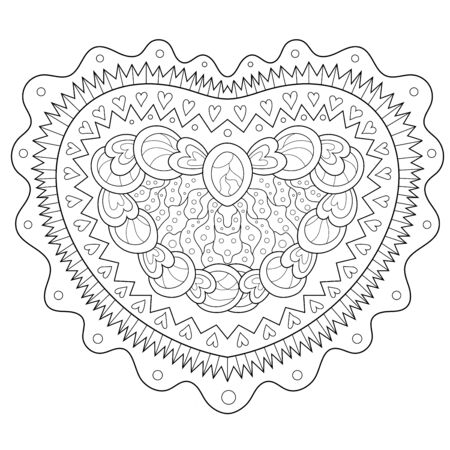 Adult coloring page for antistress art therapy with editable line. Beautiful patterned heart in zendoodle style. Template for t-shirt, tattoo, poster or cover. Colouring book for Valentines day.のイラスト素材