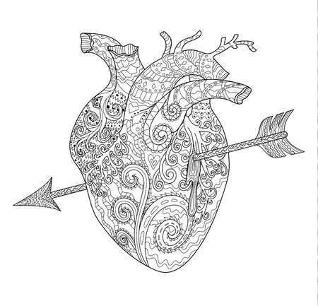Coloring page for adults with beautiful patterned heart with arrow in tangled style. Vectorのイラスト素材