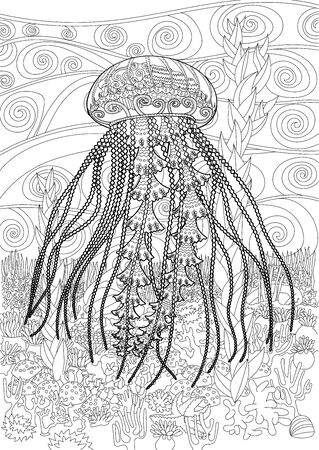 High detailed jellyfish for adult antistress coloring page. Black white hand drawn vector doodle of an oceanic animal for coloring book.のイラスト素材