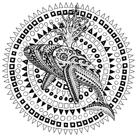 Coloring pages for adults with humpback whale for anti-stress coloring book with high details, isolated on pattern background, illustrationのイラスト素材