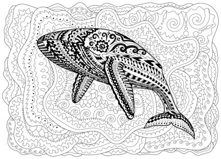 Coloring pages for adults with humpback whale for anti-stress coloring book with high details, isolated on pattern background, illustrationのイラスト素材
