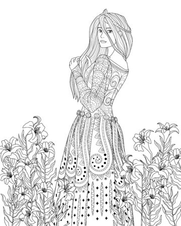 Coloring book for adults with beautiful medieval princessのイラスト素材