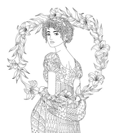 Coloring book for adults with beautiful lady in the empire styleのイラスト素材