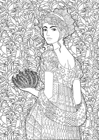 Coloring book for adults with beautiful magician wearing a historical outfitのイラスト素材