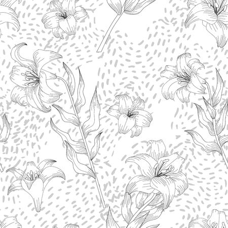 Seamless pattern with beautiful garden flowers - lilies. Coloring page with botanic objects for wrapping paper, cover of coloring book or textile design. Vector illustrationのイラスト素材